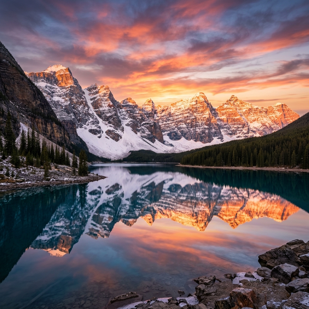 Snowy mountains at sunset with a calm lake reflection