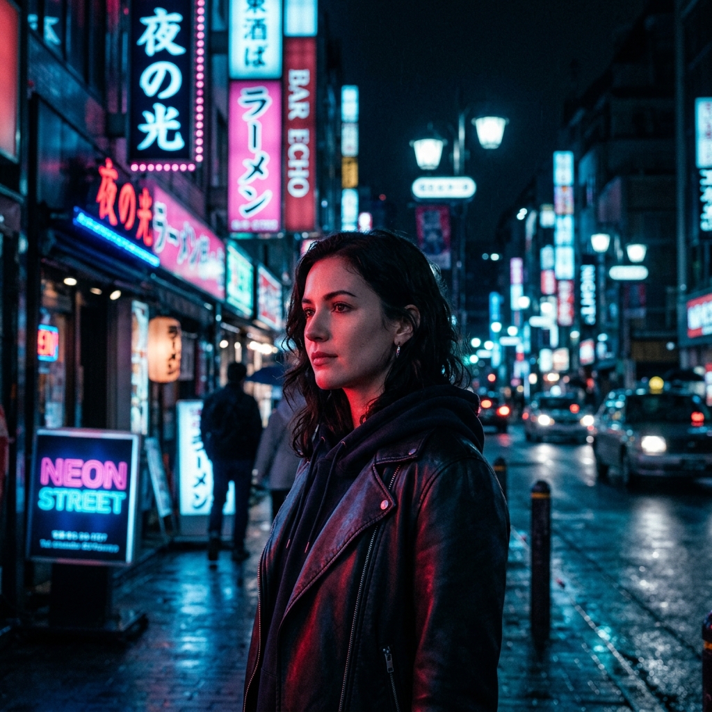 Cinematic portrait in neon lights